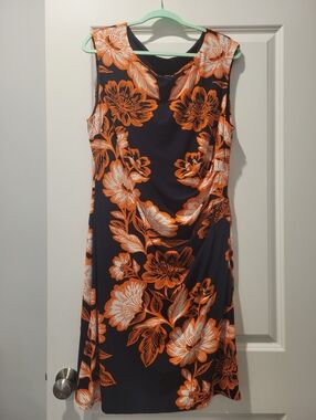 Women’s Sleeveless Navy Dress with Orange Floral Print Size 16